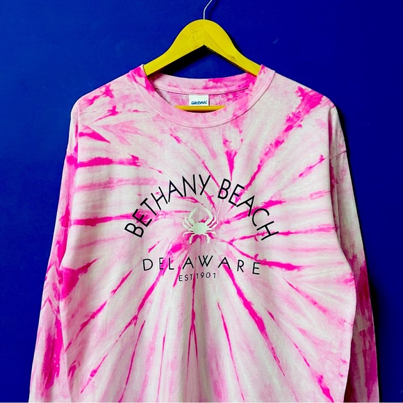 TIE DYE PINK & WHITE GILDAN HEAVY COTTON CREW NECK T-SHIRT FOR MEN’S AND WOMEN’S - Picture 2 of 5